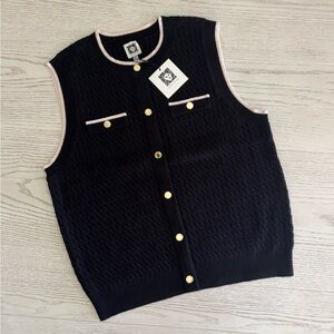 Anne Klein Black & Ivory Braided Sweater Vest Blouse